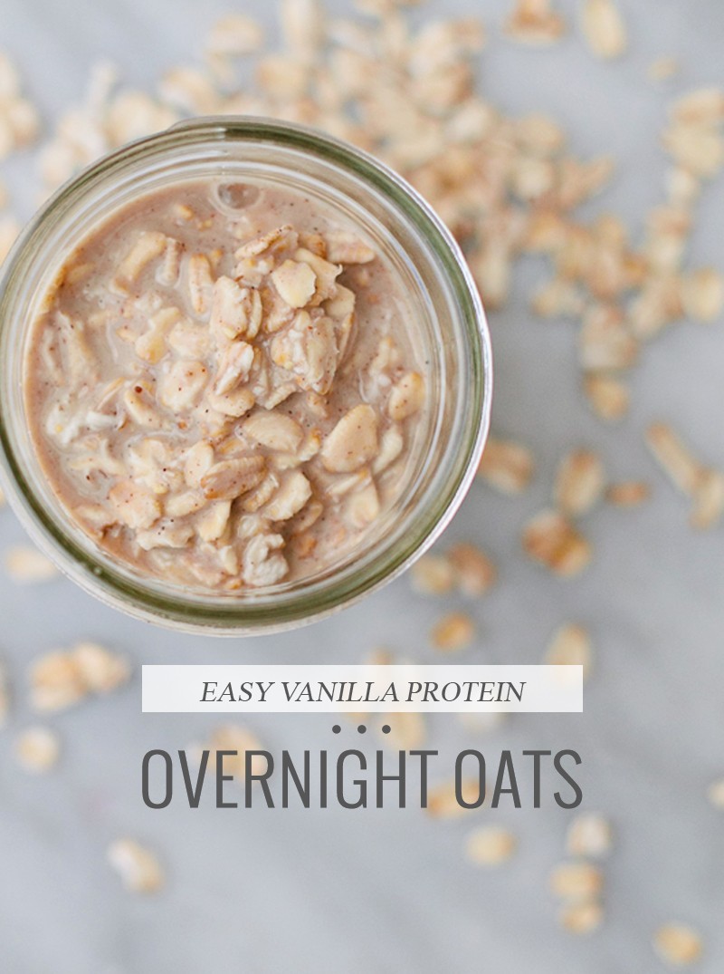 Simple and Easy Vanilla Protein Overnight Oats. Tastes deliciously like dessert and perfect to have ready for busy mornings so you can just grab and go! From freshmommyblog.com