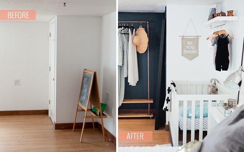 A Newly Designed Master Bedroom and Nursery Suite in Navy and White with Fresh Mommy Blog and Valspar Paint Zero VOC. Before and After.