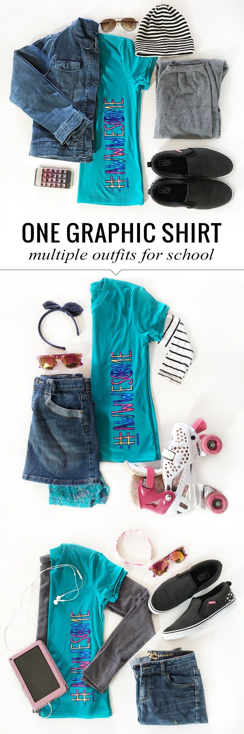 Back to School Shopping- 5 Tips to a Killer Wardrobe and multiple school looks with a single graphic tee for girls