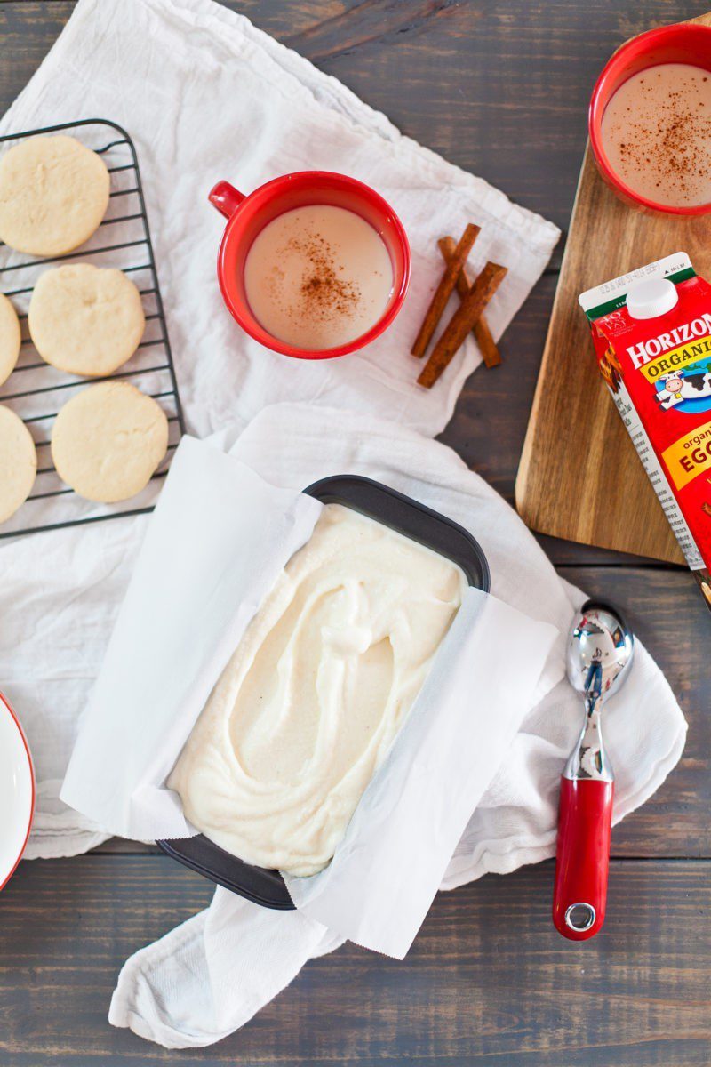 A delightfully creamy egg nog ice cream and sugar cookie egg nog ice cream sandwiches! A perfect holiday treat for both adults and kids, great for Christmas parties too!