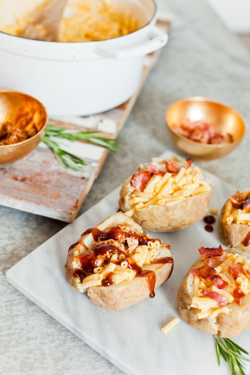 Mac and Cheese Stuffed Baked Potato. Top with BBQ chicken or bacon for a delicious twist on a classic meal.