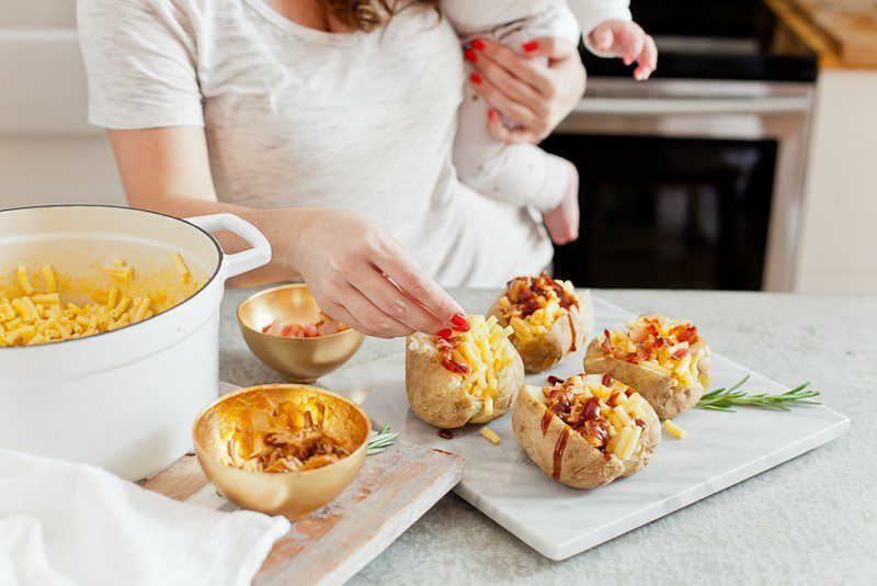 Mac and Cheese Stuffed Baked Potato. Top with BBQ chicken or bacon for a delicious twist on a classic meal.