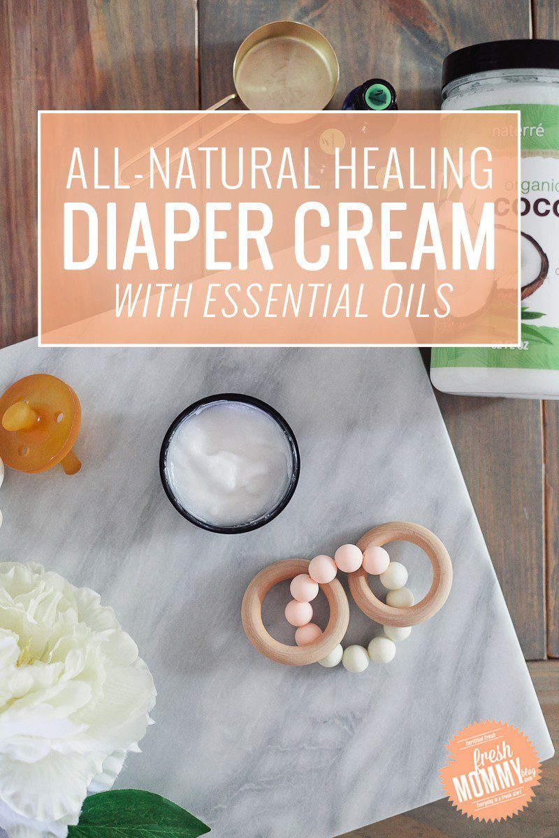 Fresh Essentials All Natural Homemade Healing Diaper Cream for Baby with Essential Oils! An easy essential oil recipe to sooth, calm and heal baby's skin. Made with coconut oil, lavender, melaleuca and frankincense essential oils to combat redness, diaper rash, bacteria and more.