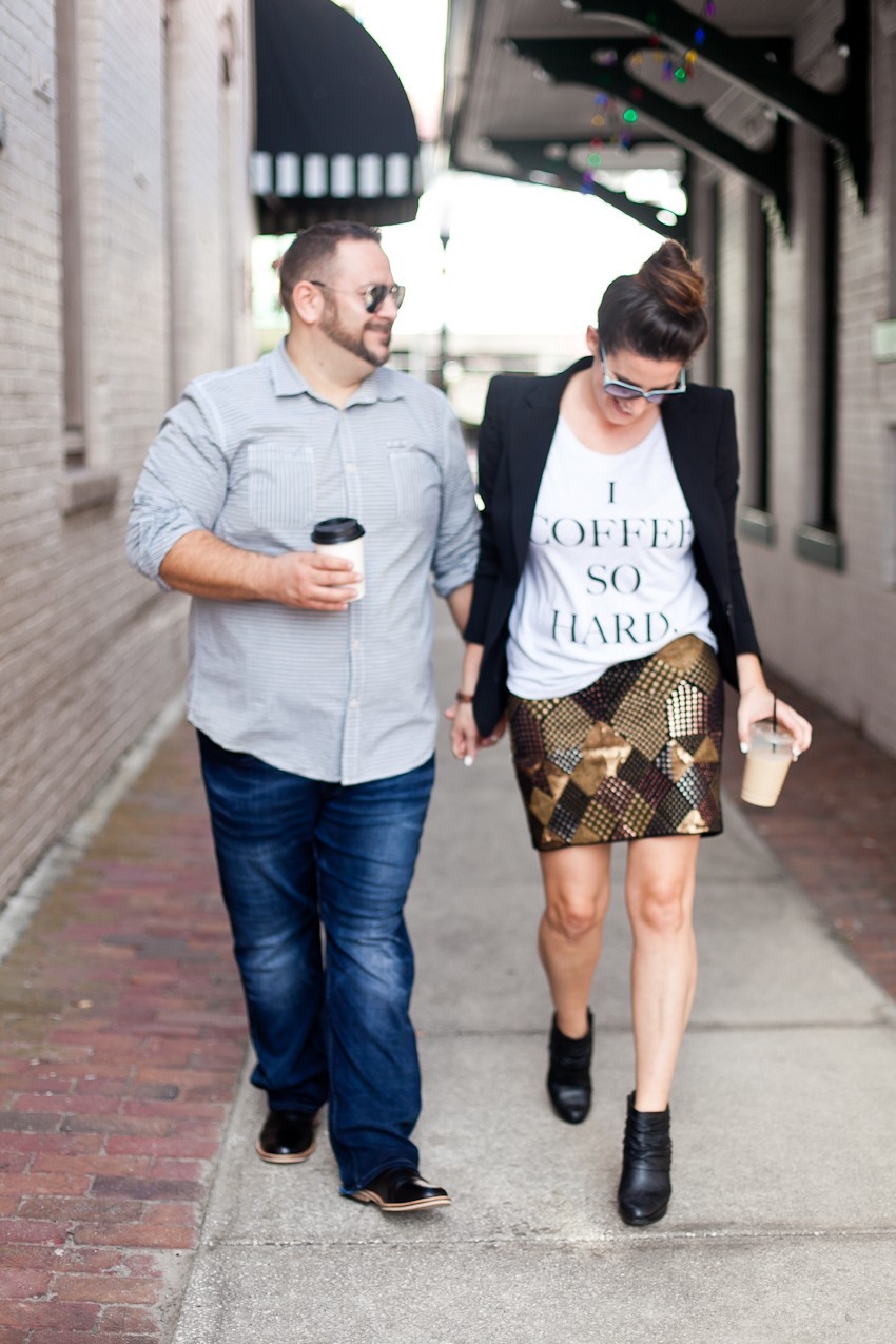 Statement tee styled with embellished skirt and jacket for a great date night style or fabulous brunch or event!