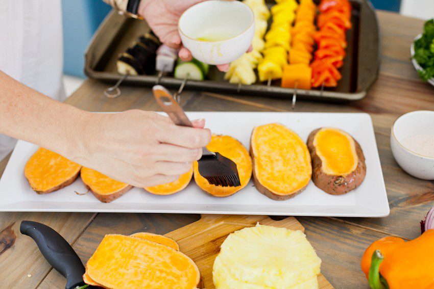 Vibrant Rainbow Kabobs with Grilled Sweet Potato Fries. With an easy marinade using simple ingredients, these kabobs are so vibrant, flavorful and sure to keep you going this summer! So in honor of National Eat More Fruits and Vegetables Day and Cars 3 hitting theaters, we call these sweet potato fries Maters Taters. :) Serve with grilled chicken or fish if you prefer, and serve for lunch or dinner... or a fun party! 