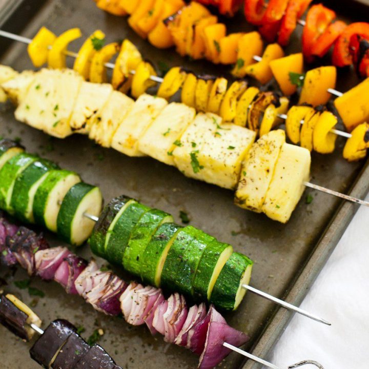 Vibrant Rainbow Kabobs with Grilled Sweet Potato Fries. With an easy marinade using simple ingredients, these kabobs are so vibrant, flavorful and sure to keep you going this summer! So in honor of National Eat More Fruits and Vegetables Day and Cars 3 hitting theaters, we call these sweet potato fries Maters Taters. :) Serve with grilled chicken or fish if you prefer, and serve for lunch or dinner... or a fun party!