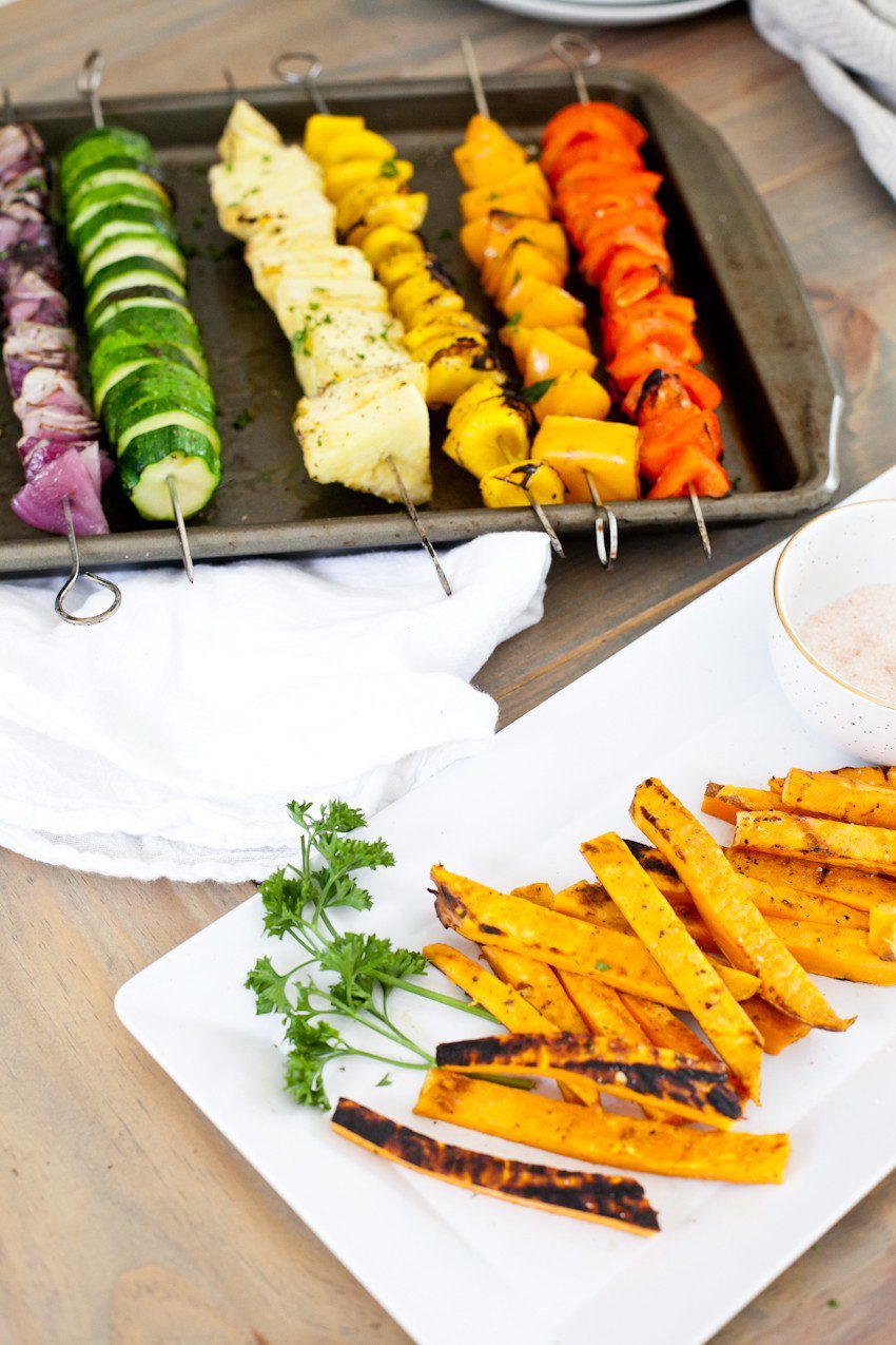 Vibrant Rainbow Kabobs with Grilled Sweet Potato Fries. With an easy marinade using simple ingredients, these kabobs are so vibrant, flavorful and sure to keep you going this summer! So in honor of National Eat More Fruits and Vegetables Day and Cars 3 hitting theaters, we call these sweet potato fries Maters Taters. :) Serve with grilled chicken or fish if you prefer, and serve for lunch or dinner... or a fun party! 