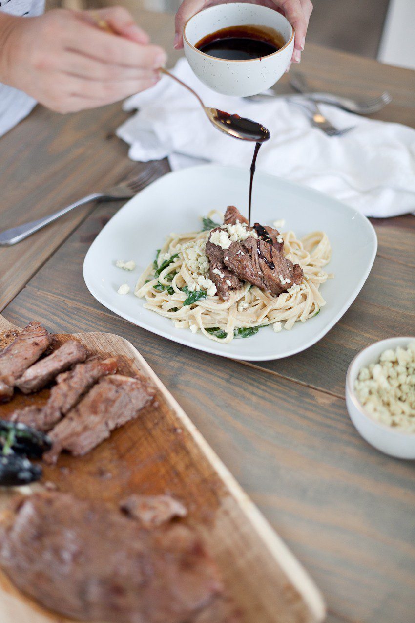 Steak Gorgonzola Alfredo with Balsamic Glaze recipe. Deliciously sweet and savory, perfect for dinner, parties and especially for the men in your life... think Father's Day dinner!