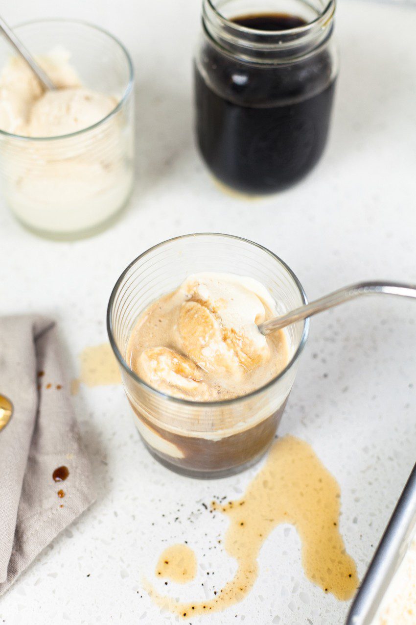 Deliciously sweet and creamy homemade coffee ice cream made with just three ingredients! Top it with a shot of espresso or pour over cold brew for an incredible coffee ice cream affogato style treat!