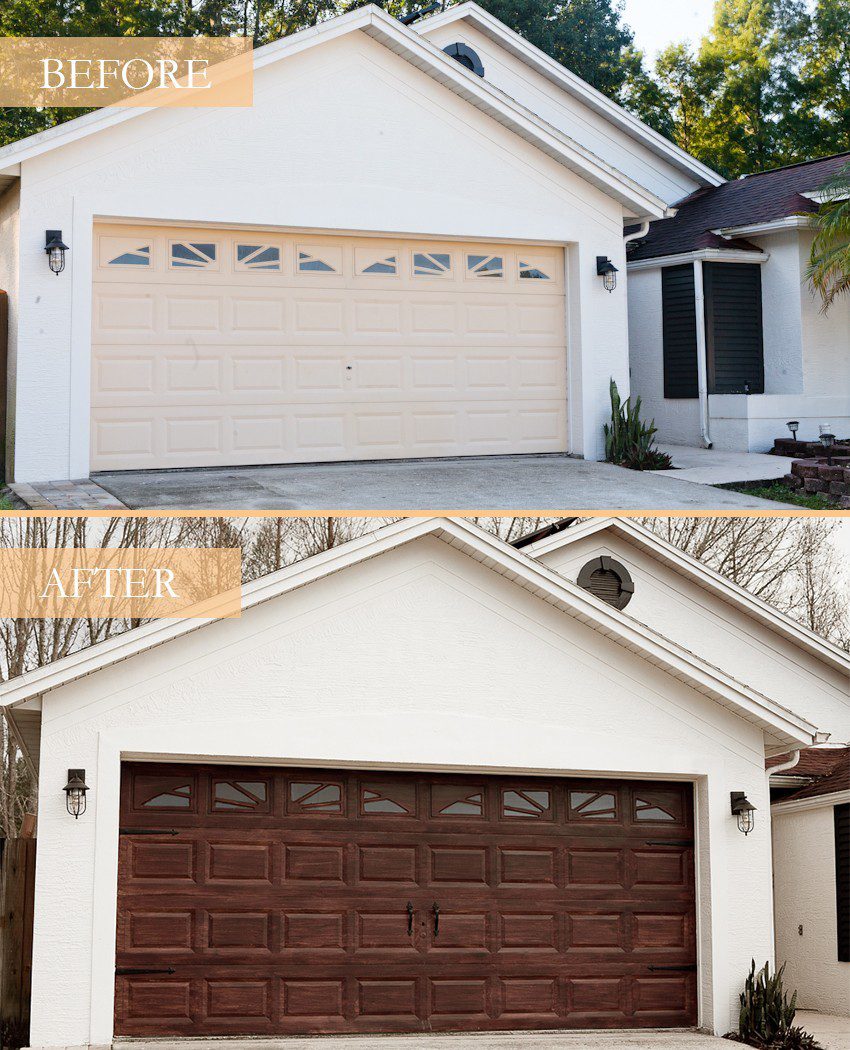 Tips for a DIY Garage Door Makeover and how to Gel Stain a Garage Door to Look Like Wood by popular lifestyle blogger Tabitha Blue of Fresh Mommy Blog: image of before pic of cream garage door and after pic of faux wood garage door.