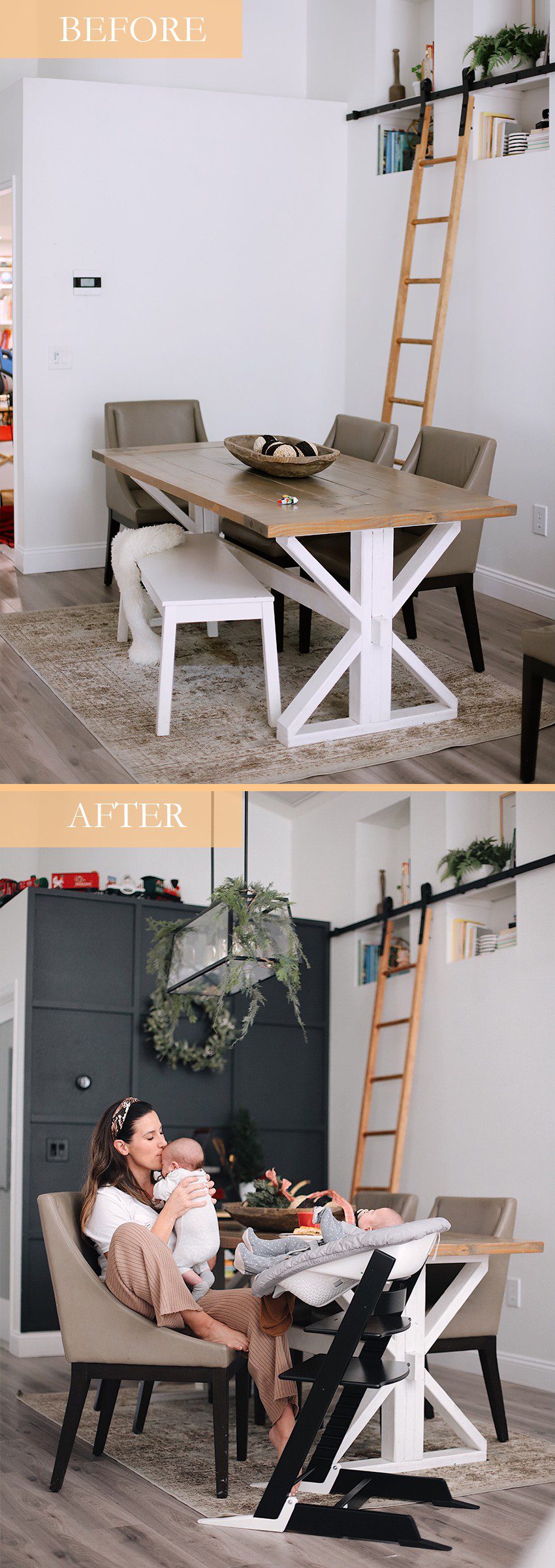 Tutorial: DIY Wood Grid Wall! How to create a stunning and bold accent wall with a DIY wooden grid. Click for the full tutorial. | Tutorial: Board and Batten Grid Wall by popular Florida DIY blog, Fresh Mommy Blog: before and after image of a dining area with a board and batten grid wall.