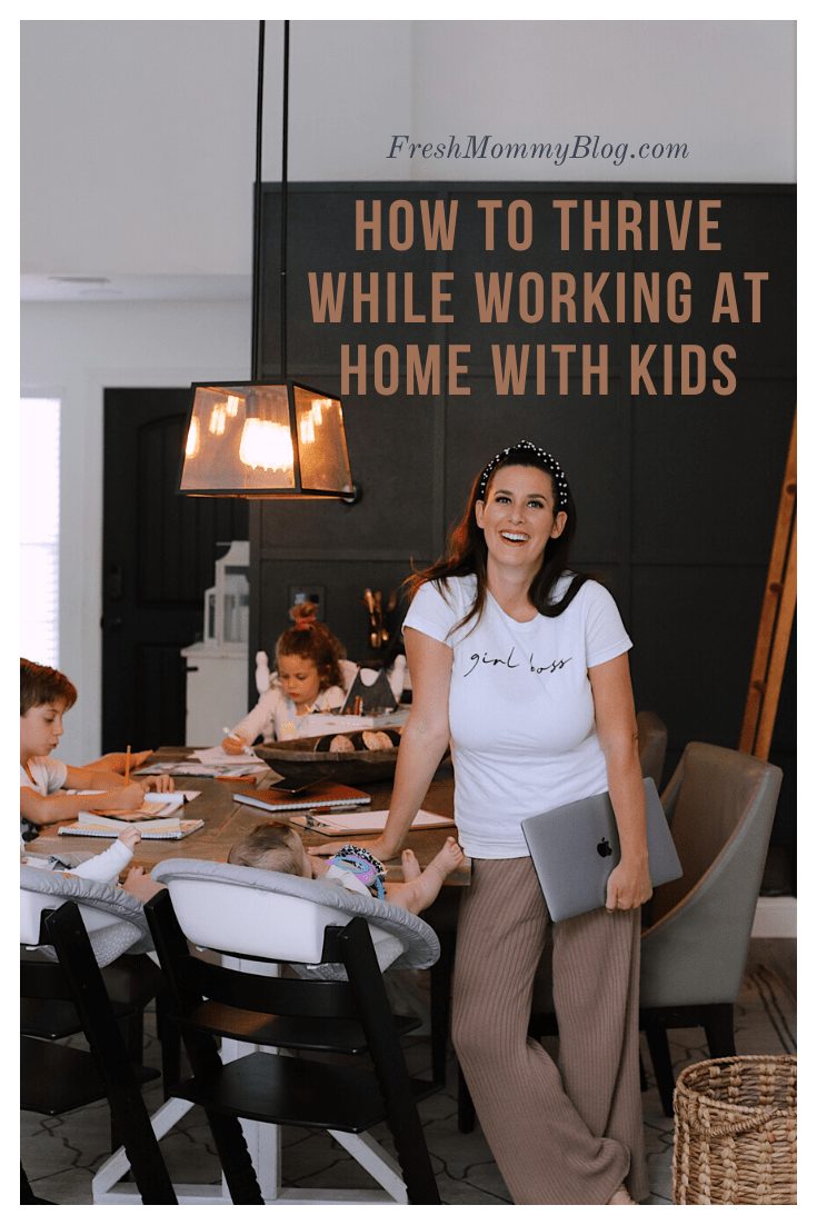 How to Survive Working With Kids at Home | Working From Home With Kids by popular Florida lifestyle blog, Fresh Mommy Blog: Pinterest image of a mom standing at a table with her kids while they do their homeschooling work. 