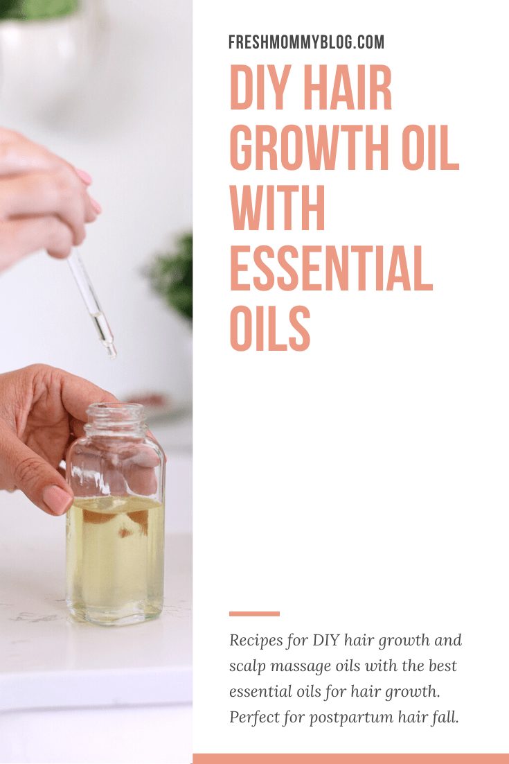 DIY Hair Growth Oil with Essential Oils Perfect for Postpartum Hair Fall. This healthy DIY scalp oil for hair growth is loaded with essential oils that boast anti-inflammatory and anti-bacterial properties that help in combating hair fall, stimulating the scalp for growth and more. |  DIY Hair Growth Oil by popular Florida beauty blog, Fresh Mommy Blog: Pinterest image of a woman holding a glass bottle of DIY hair growth oil. 