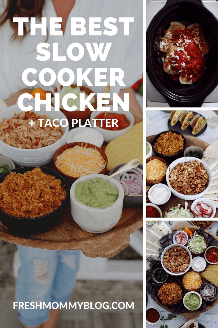 How to make an epic taco board and taco party platter tips! Plus, the best slow cooker taco chicken recipe! | Chicken Tacos by popular Florida lifestyle blog, Fresh Mommy Blog: Pinterest image of chicken tacos platter. 