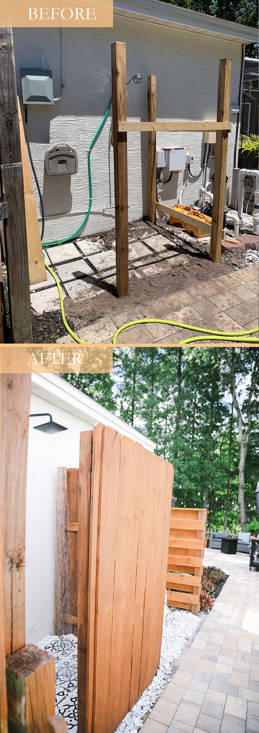 DIY Outdoor Shower Ideas on a Budget for the Ultimate Backyard Oasis Before and After | DIY Outdoor Shower by popular Florida DIY blog, Fresh Mommy Blog: before and after image of a DIY outdoor shower. 
