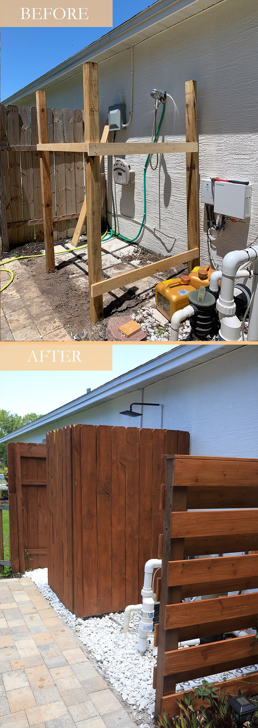 DIY Outdoor Shower Ideas on a Budget for the Ultimate Backyard Oasis Before and After | DIY Outdoor Shower by popular Florida DIY blog, Fresh Mommy Blog: Before and After image of a DIY outdoor shower.