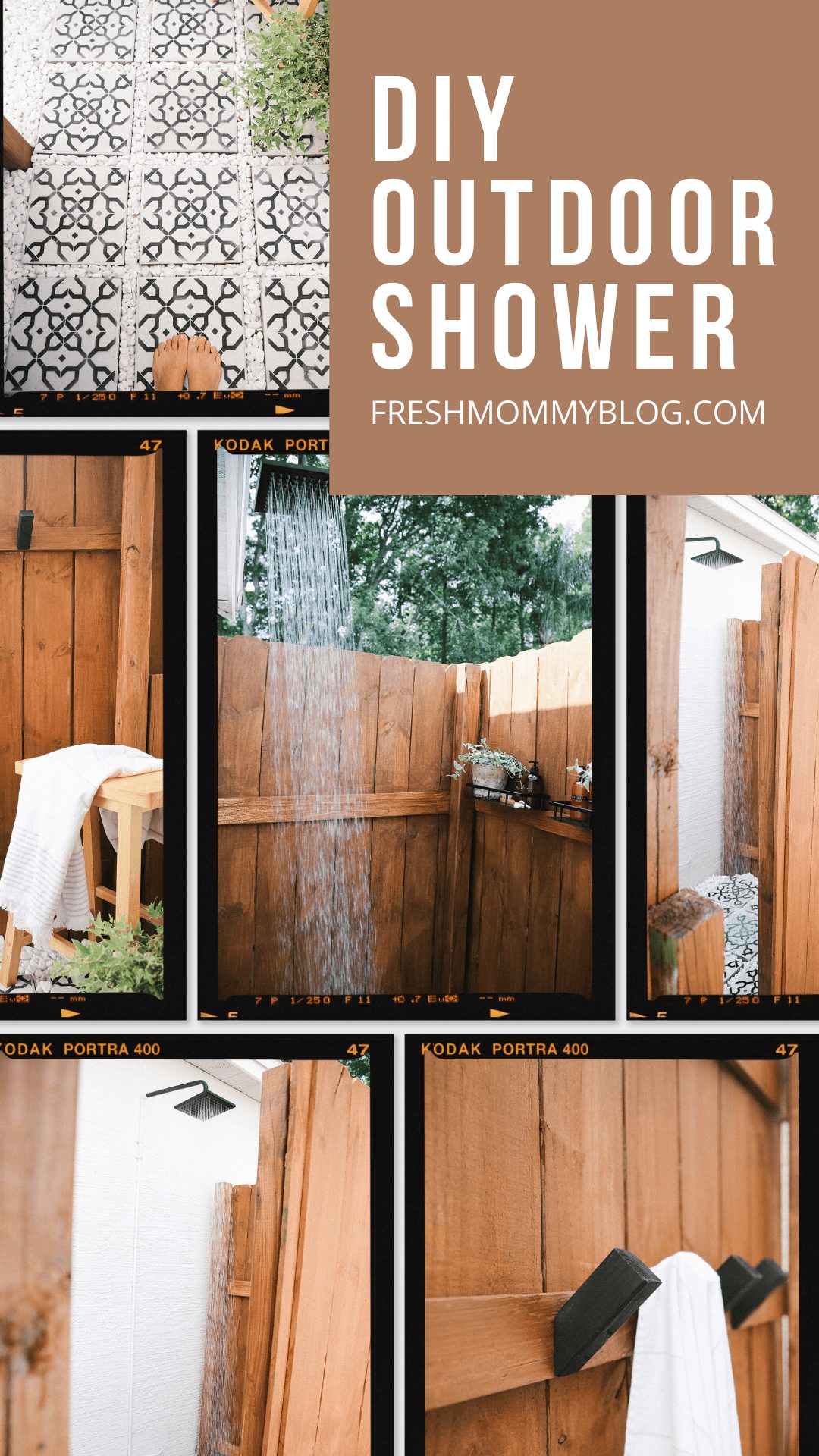DIY Outdoor Shower Ideas on a Budget for the Ultimate Backyard Oasis | DIY Outdoor Shower by popular Florida DIY blog, Fresh Mommy Blog: Pinterest image of a DIY outdoor shower. 