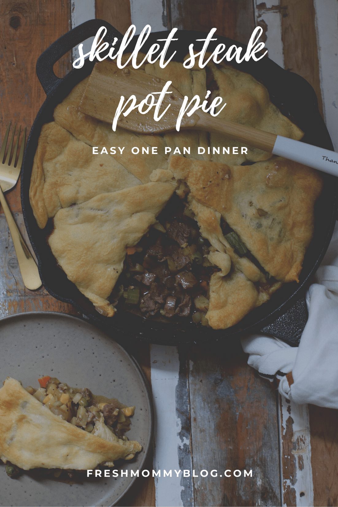 Skillet Steak Pot Pie with Crescent Roll crust for an easy one pan dinner! Beef pot pie recipe from lifestyle blogger Tabitha Blue of Fresh Mommy Blog