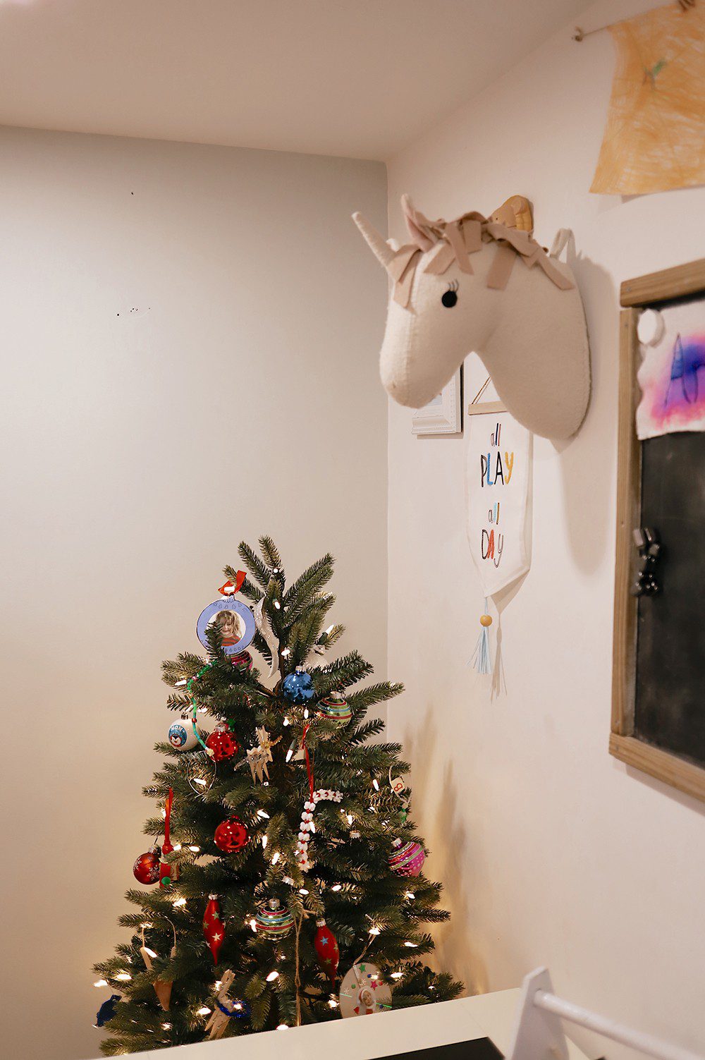 Kid's Room Christmas Tree with homemade ornaments _ Tabitha Blue