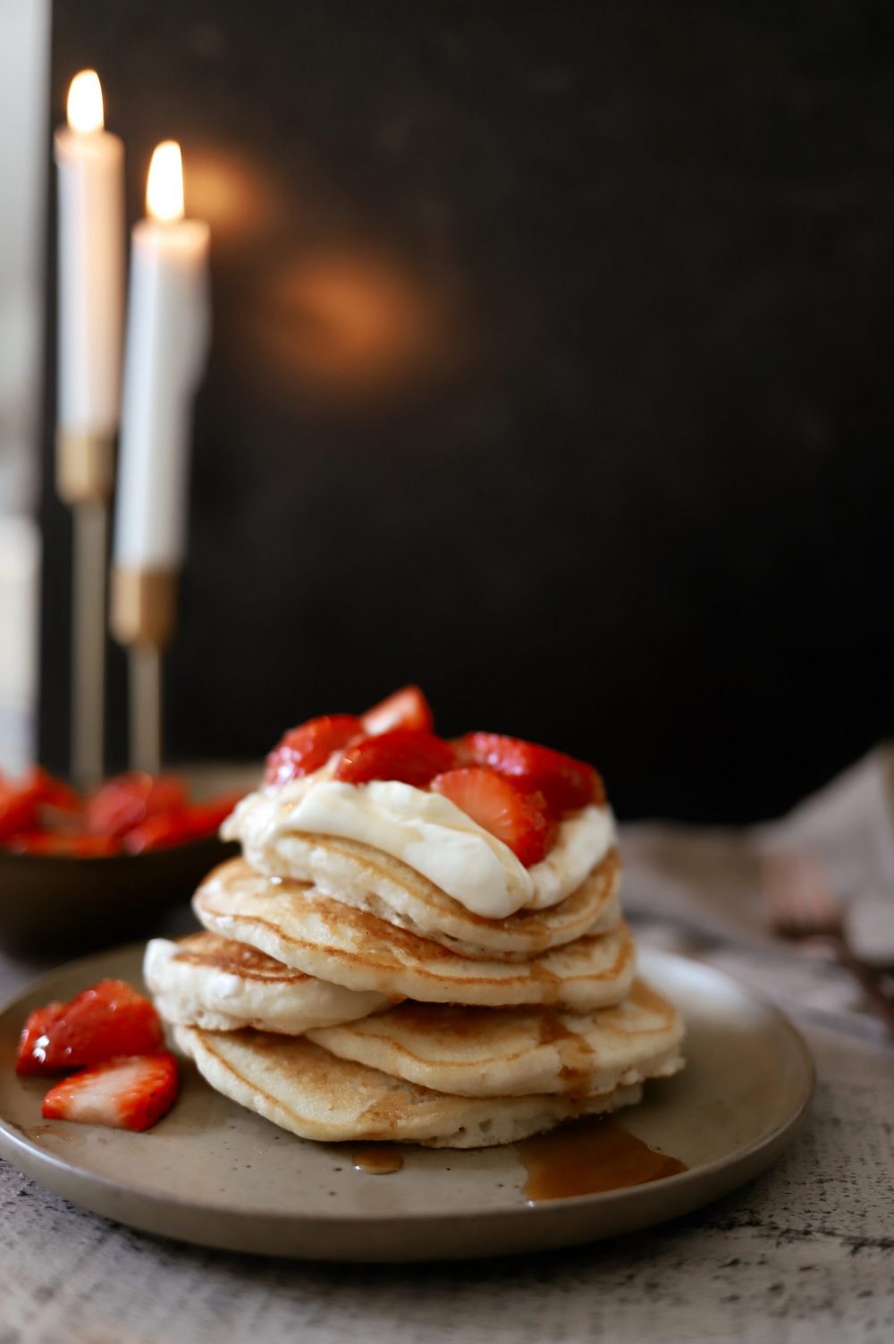 Easy Buttermilk Pancakes with Gingered Strawberries and Cream, a recipe featured by top FL lifestyle blogger, Tabitha Blue of Fresh Mommy Blog.