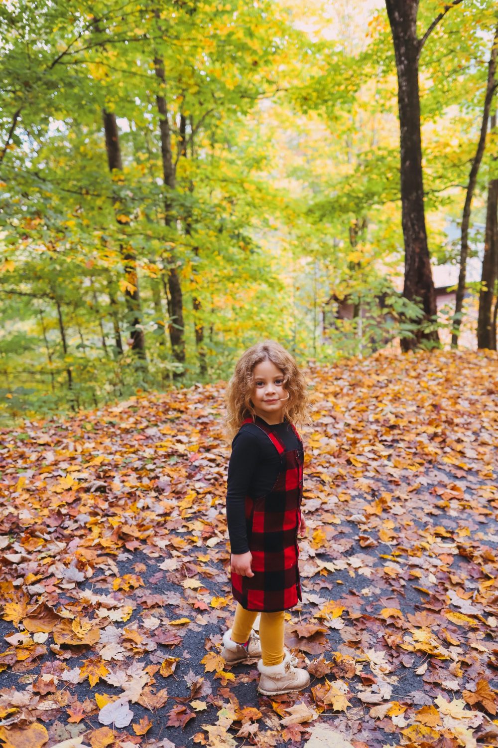 Road Trip Packing Tips by popular Florida travel blog, Fresh Mommy Blog: image of a little girl standing on a path covered with fallen yellow leaves. 
