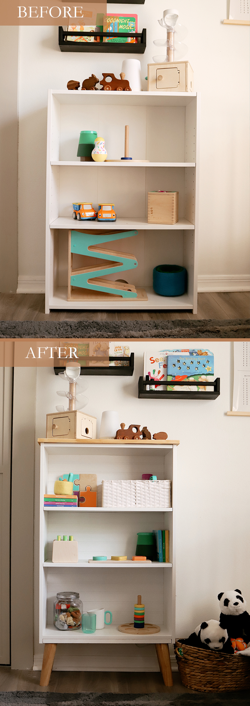 How to Upcycle your Cheap Bookcase into Stylish Mid Century Shelves: a Step by Step Tutorial featured by top FL DIY blogger, Tabitha Blue of Fresh Mommy Blog | Cheap Bookcase by poplar Florida DIY blog, Fresh Mommy Blog: image of a white book case filled with baby toys. 