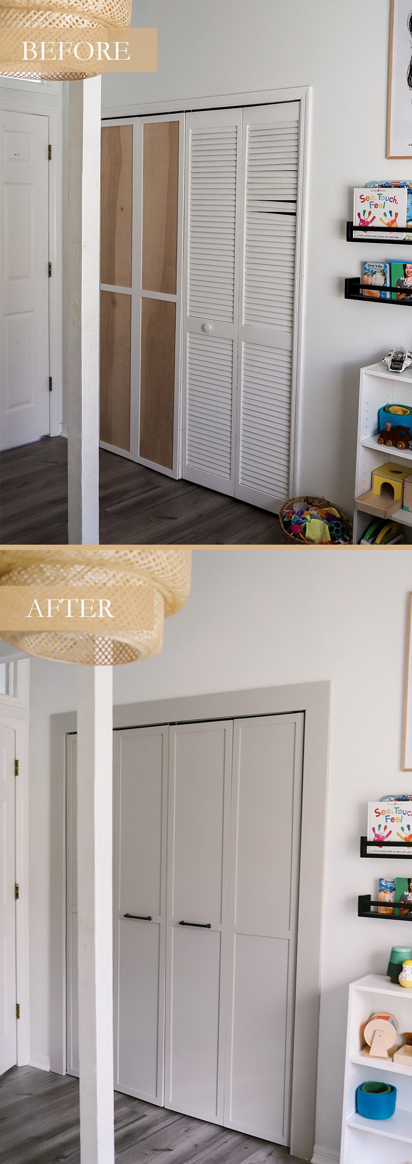 Home Refresh Ideas: DIY Closet Door Upgrade Tutorial. How to update Bi-fold closet doors on a budget. Easy how-to for updating old bifold closet doors and save money (save the hundreds it would cost to replace them!). | DIY Closet Door by popular Florida lifestyle blog, Fresh Mommy Blog: before and after image of bifold closet doors. 