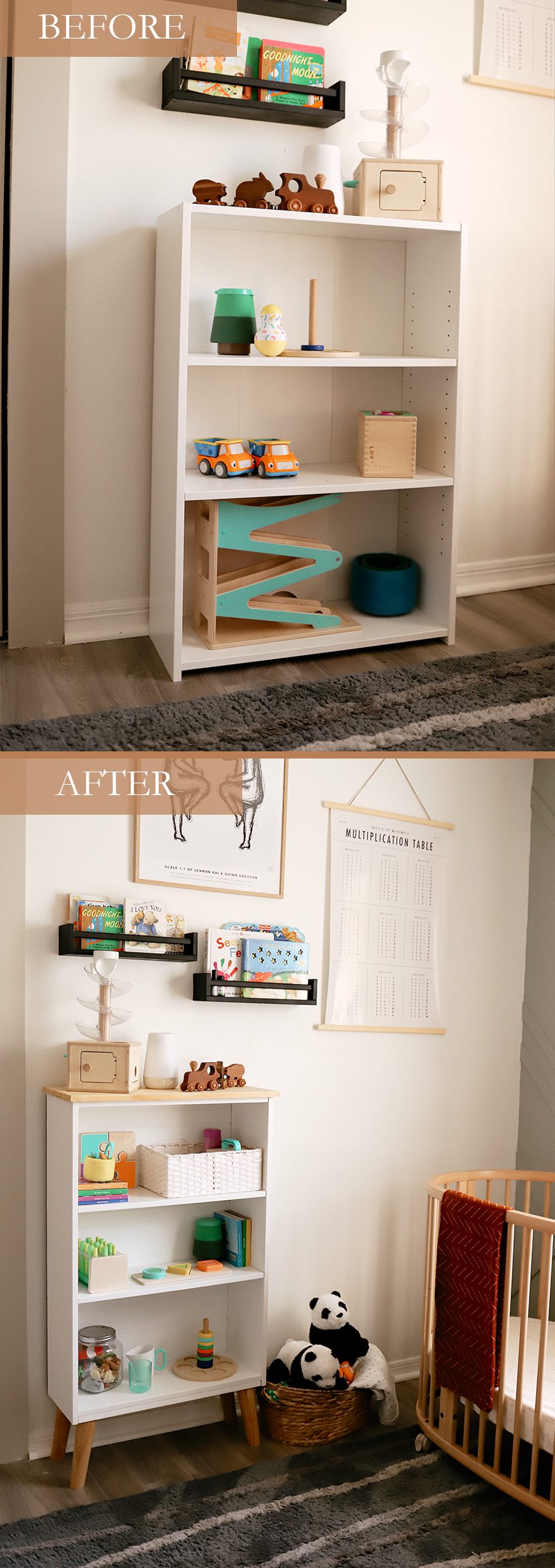 How to Upcycle your Cheap Bookcase into Stylish Mid Century Shelves: a Step by Step Tutorial featured by top FL DIY blogger, Tabitha Blue of Fresh Mommy Blog | Cheap Bookcase by poplar Florida DIY blog, Fresh Mommy Blog: image of a white bookcase filled with baby toys. 