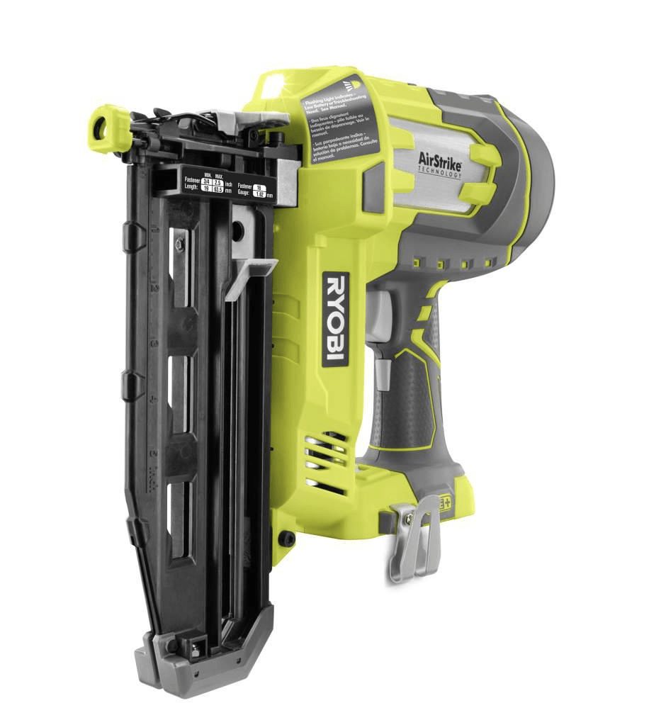 RYOBI ONE+ 18V Cordless AirStrike 16-Gauge 2-1/2 in. Straight Finish Nailer (Tool Only) with Samp...