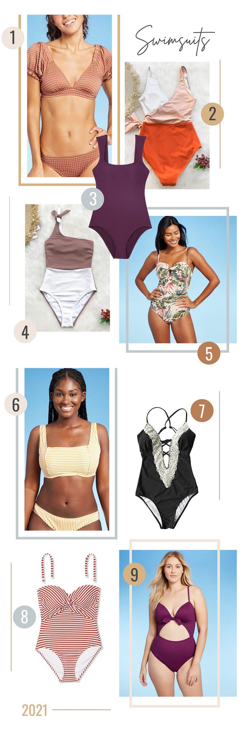 Style on a Budget: 9 Best Swimsuits for Moms | Swimsuits for Moms by popular Florida fashion blog, Fresh Mommy Blog: collage image of one piece and two piece swimsuits. 