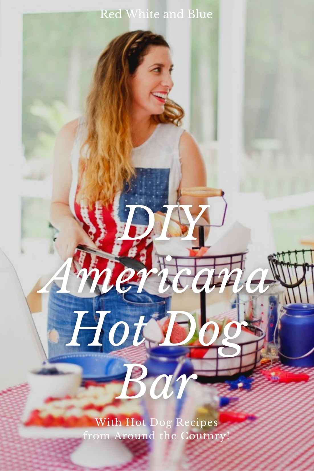 Red White and Blue fun, and a DIY Americana Hot Dog Bar! Set up toppings and flavors for hot dog recipes from around the U.S. Chicago style, Boston, Detroit, Philly, Carolina hot dog and more! |  Hot Dog Bar by popular Florida lifestyle blog, Fresh Mommy Blog: Pinterest image of a woman wearing an American flag tank top and assembling a hot dog at a table with a red and white check table cloth, tiered black wire serving dish with watermelon slices, white serving plate of hot dogs, and American flag fruit platter. 