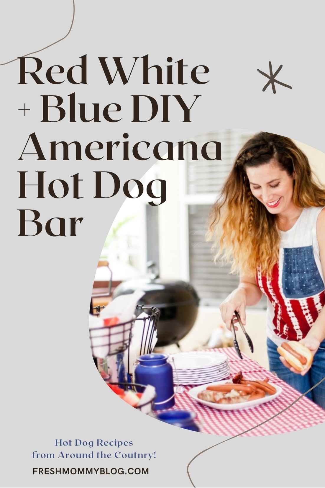 Red White and Blue fun, and a DIY Americana Hot Dog Bar! Set up toppings and flavors for hot dog recipes from around the U.S. Chicago style, Boston, Detroit, Philly, Carolina hot dog and more! | Hot Dog Bar by popular Florida lifestyle blog, Fresh Mommy Blog: Pinterest image of a woman wearing an American flag tank top and holding a hot dog at a outdoor hot dog bar. 