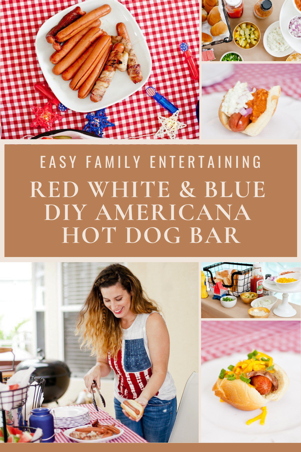 The perfect easy entertaining for all our patriotic holidays, Memorial Day, 4th of July, Veterans Day, you name it. Red White and Blue fun, and a DIY Americana Hot Dog Bar! Set up toppings and flavors for hot dog recipes from around the U.S. Chicago style, Boston, Detroit, Philly, Carolina hot dog and more!