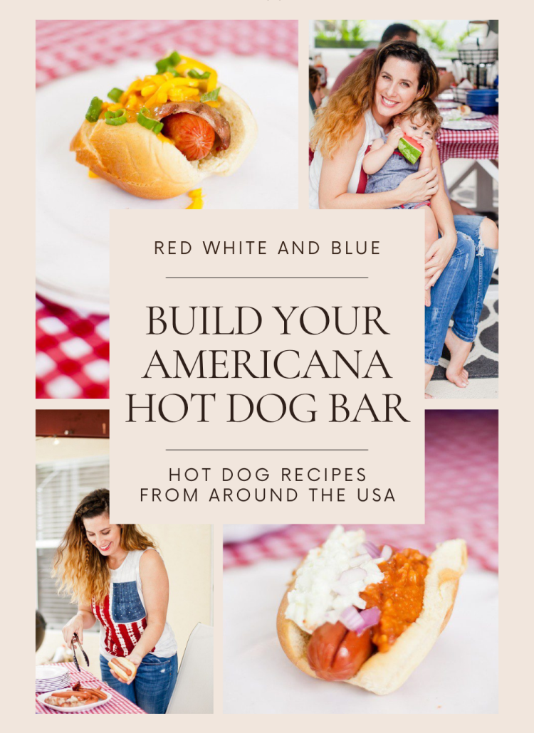 Red White and Blue fun, and a DIY Americana Hot Dog Bar! Set up toppings and flavors for hot dog recipes from around the U.S. Chicago style, Boston, Detroit, Philly, Carolina hot dog and more! The perfect easy entertaining for all our patriotic holidays, Memorial Day, 4th of July, Veterans Day, you name it.