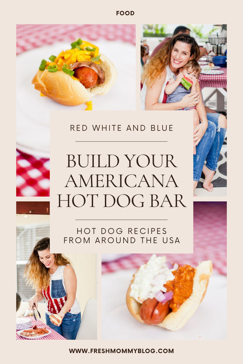 Red White and Blue fun, and a DIY Americana Hot Dog Bar! Set up toppings and flavors for hot dog recipes from around the U.S. Chicago style, Boston, Detroit, Philly, Carolina hot dog and more! The perfect easy entertaining for all our patriotic holidays, Memorial Day, 4th of July, Veterans Day, you name it.