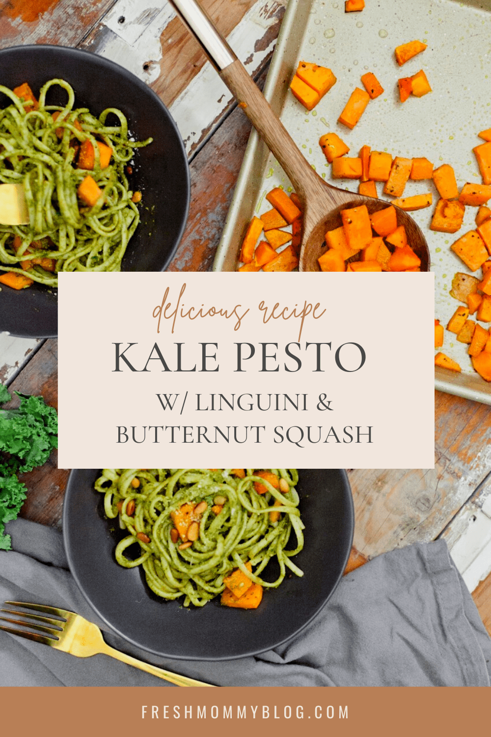 A Delicious Kale Pesto Recipe with Linguini & Butternut Squash for a deliciously satisfying vegetarian meal featured by top Florida lifestyle blog, Fresh Mommy Blog