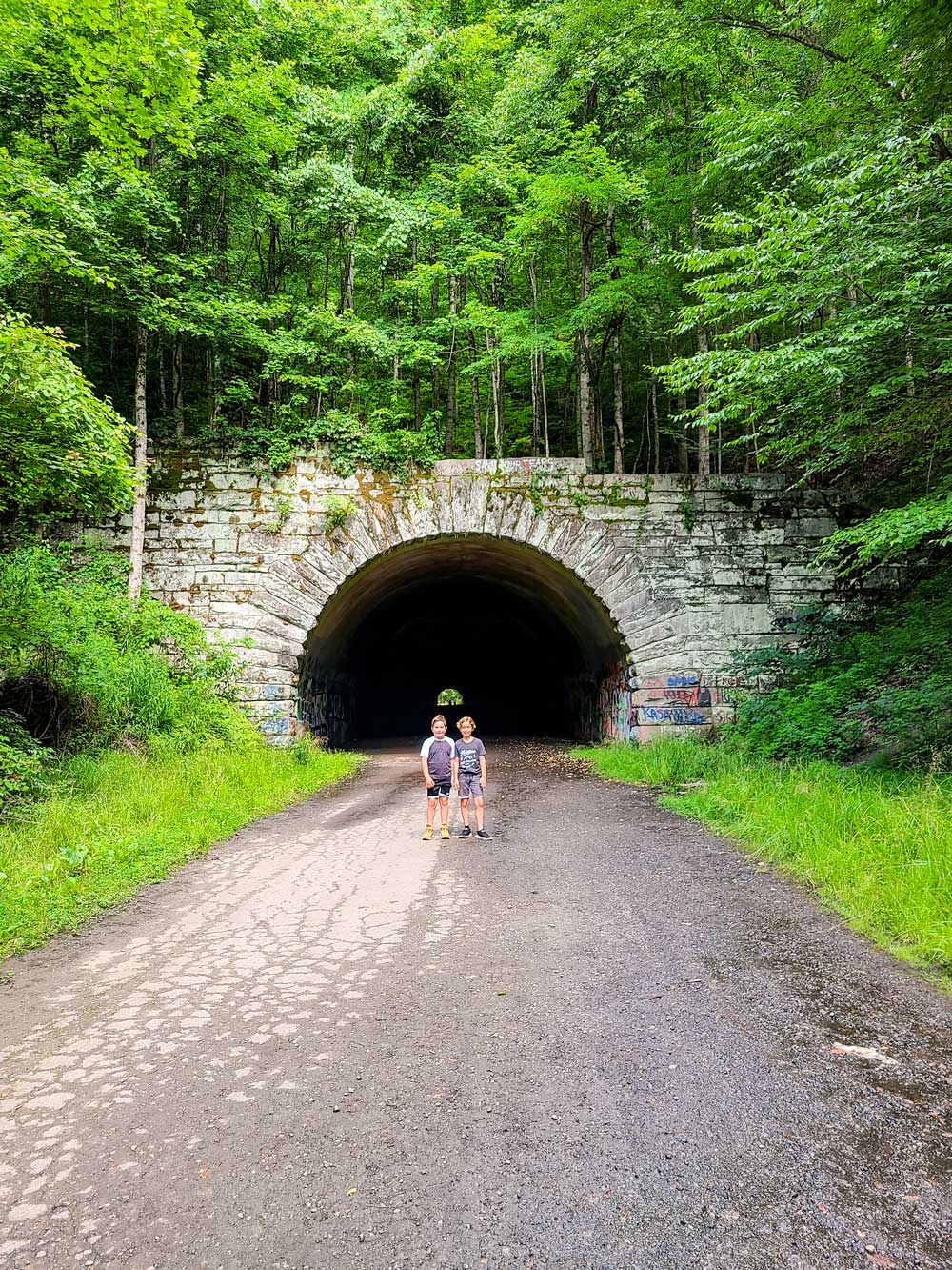 Best Things to Do in Bryson City NC with Kids - The Road to Nowhere | Things to do in Bryson City NC by popular Florida travel blog, Fresh Mommy Blog: image of two boys standing on The Road to Nowhere. 