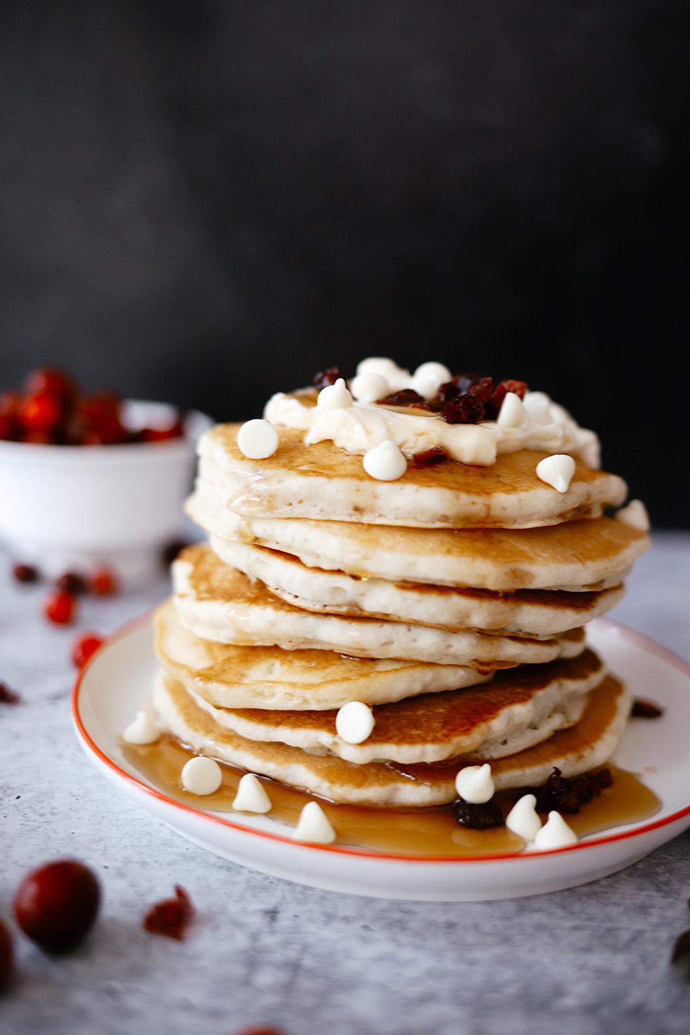 White Chocolate & Cranberry Pancakes Recipe featured by top US lifestyle blogger, Tabitha Blue of Fresh Mommy Blog.