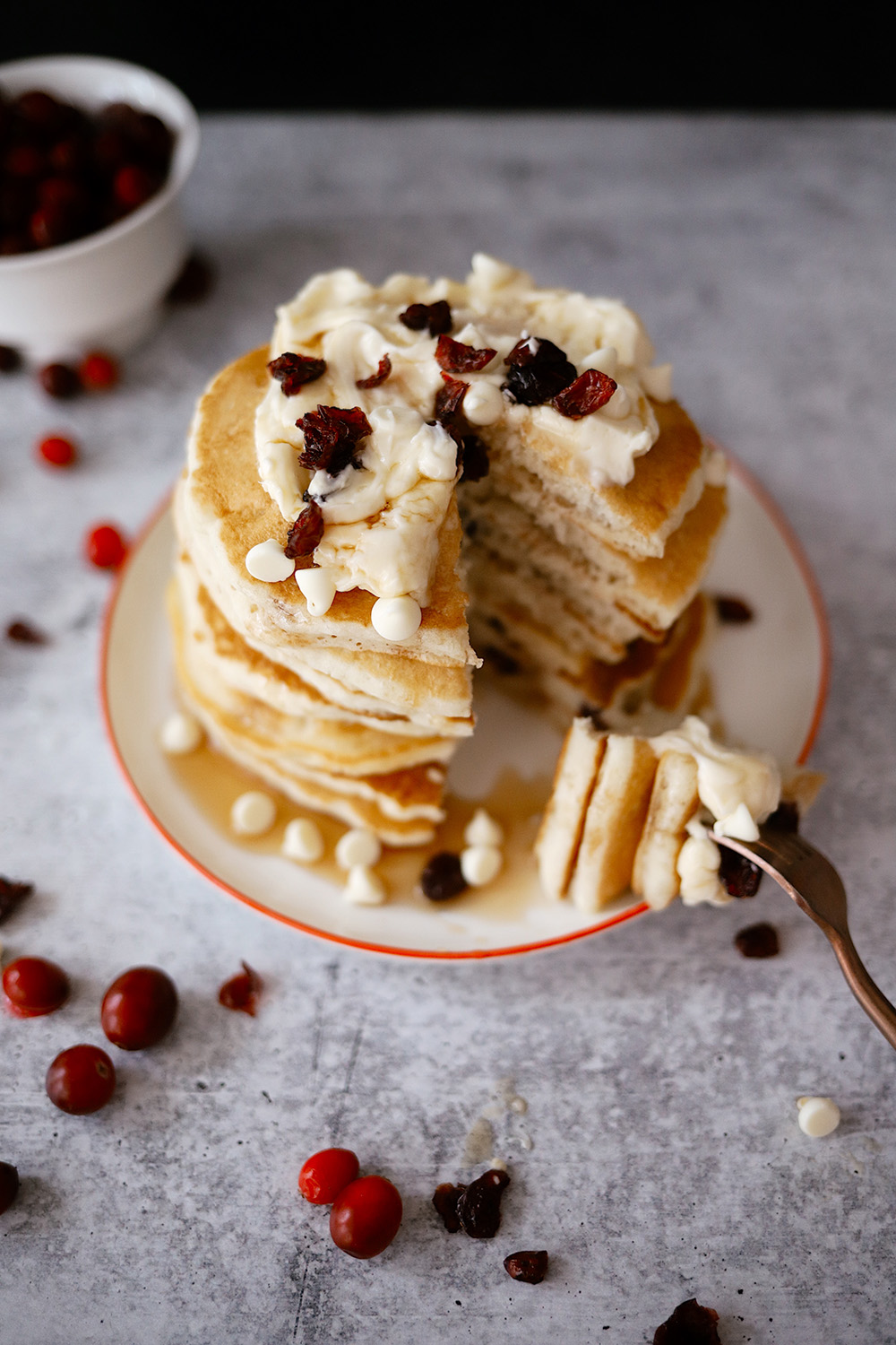 White Chocolate and Cranberry Pancakes Recipe featured by top US lifestyle blogger, Tabitha Blue of Fresh Mommy Blog.