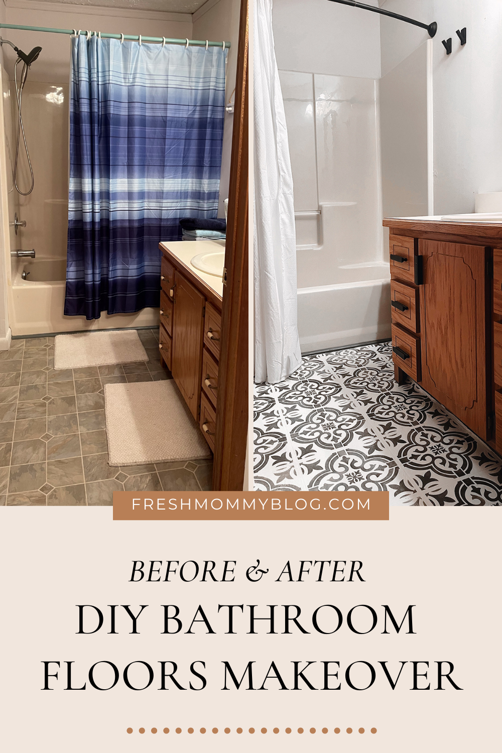 Bathroom Floor Before and After - How to Easily Paint Linoleum Floors in your Bathroom a tutorial by home DIY blogger, Tabitha Blue of Fresh Mommy Blog.