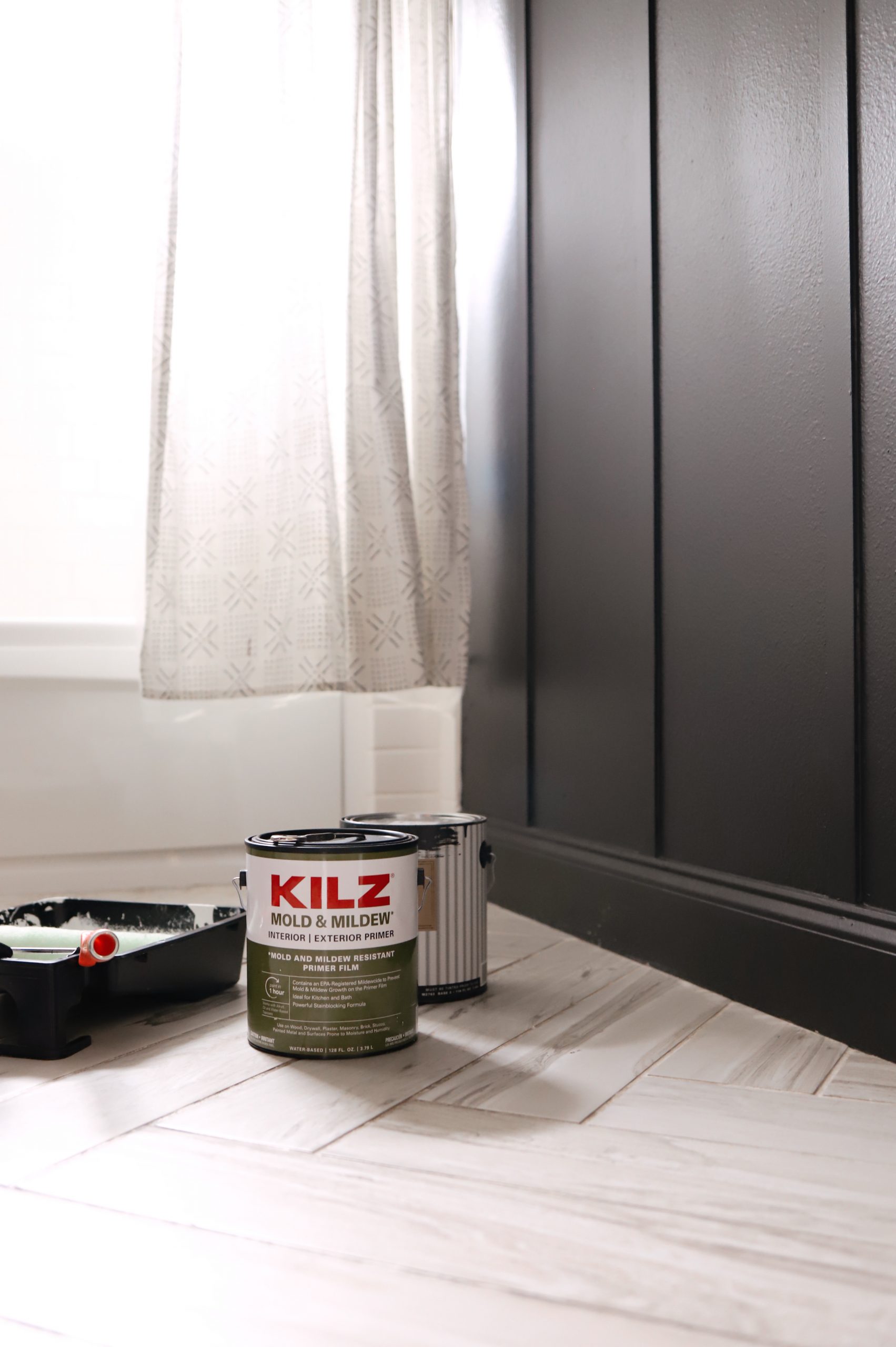 Moody Bathroom Makeover with Board and Batten Walls with KILZ® Mold & Mildew Primer and Magnolia Home in Aspen Stone