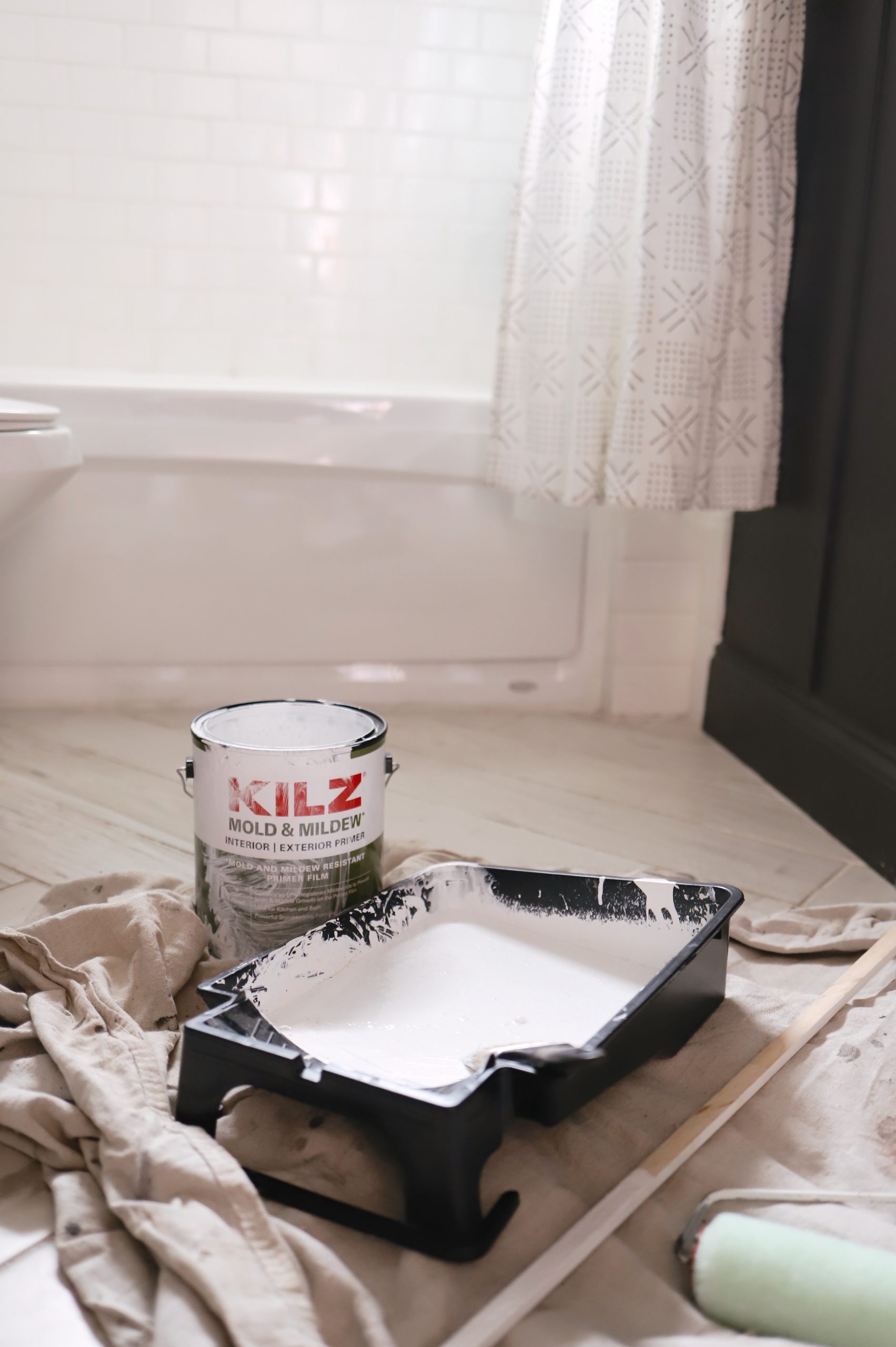 Moody Bathroom Makeover with Board and Batten Walls with KILZ® Mold & Mildew Primer and Magnolia Home in Aspen Stone