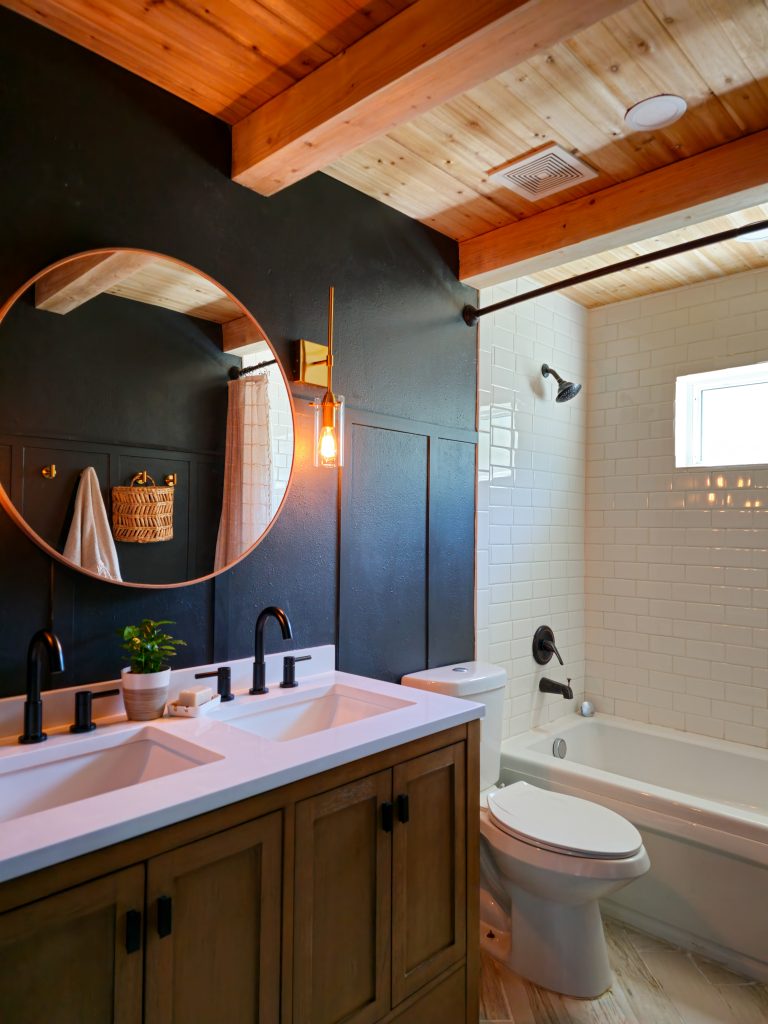 Part 3: DIY Wood Beam Ceiling on a Budget, Moody Bathroom ... - Exposed Metal Beam Bathroom Renovation Ideas