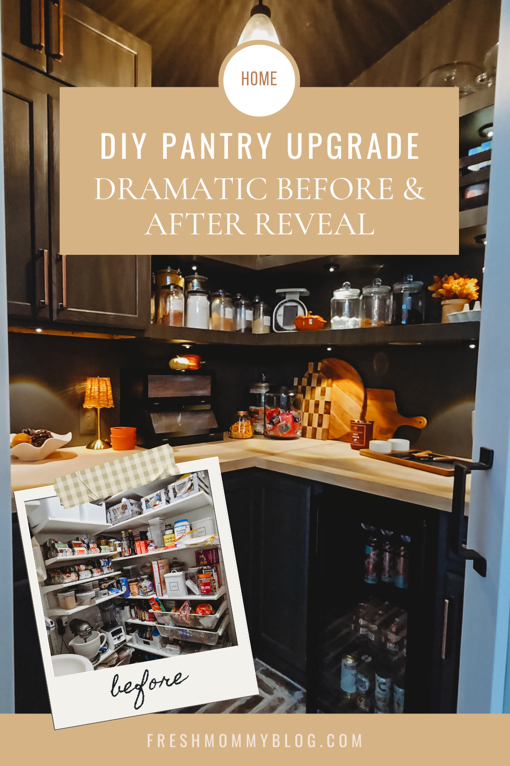 DIY Pantry Upgrade - dramatic before and after reveal. Updated space from open shelving to built ins.