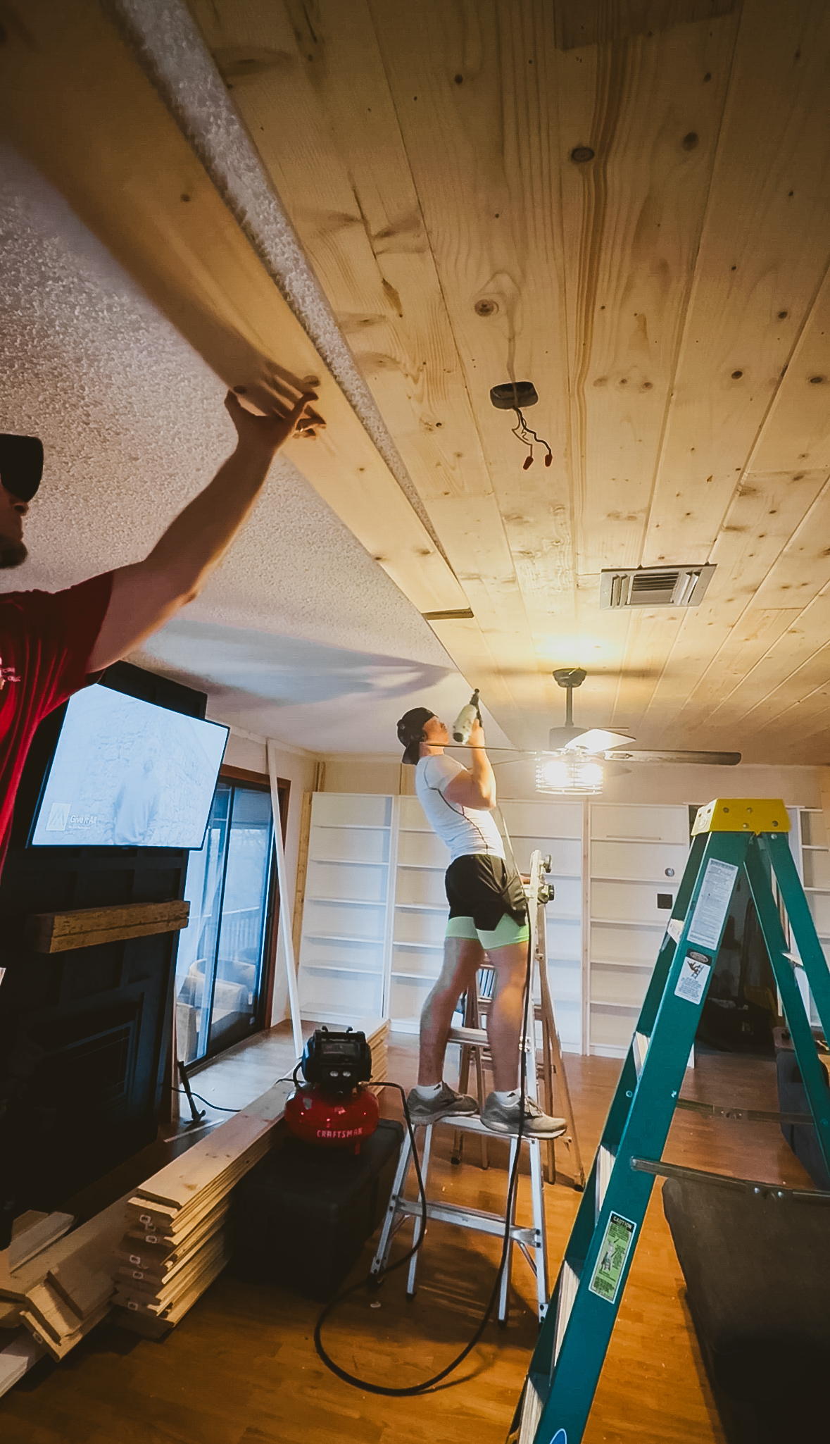 Updating popcorn ceiling with wood paneling