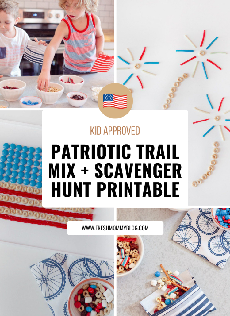 Kid-Approved Patriotic Trail Mix + Free 4th of July Scavenger Hunt Printable This patriotic trail mix station is the ultimate 4th of July activity for kids — they build their own snack bags and burn some energy too! Plus grab the free scavenger hunt printable!