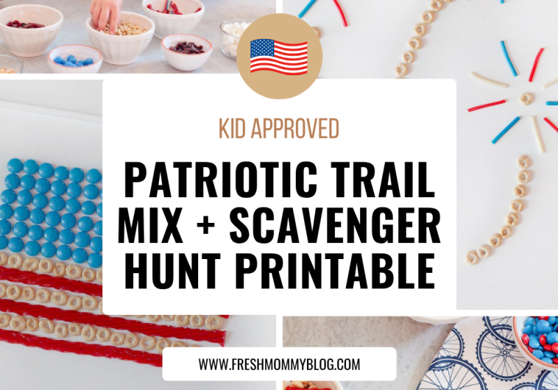 Kid-Approved Patriotic Trail Mix + Free 4th of July Scavenger Hunt Printable This patriotic trail mix station is the ultimate 4th of July activity for kids — they build their own snack bags and burn some energy too! Plus grab the free scavenger hunt printable!