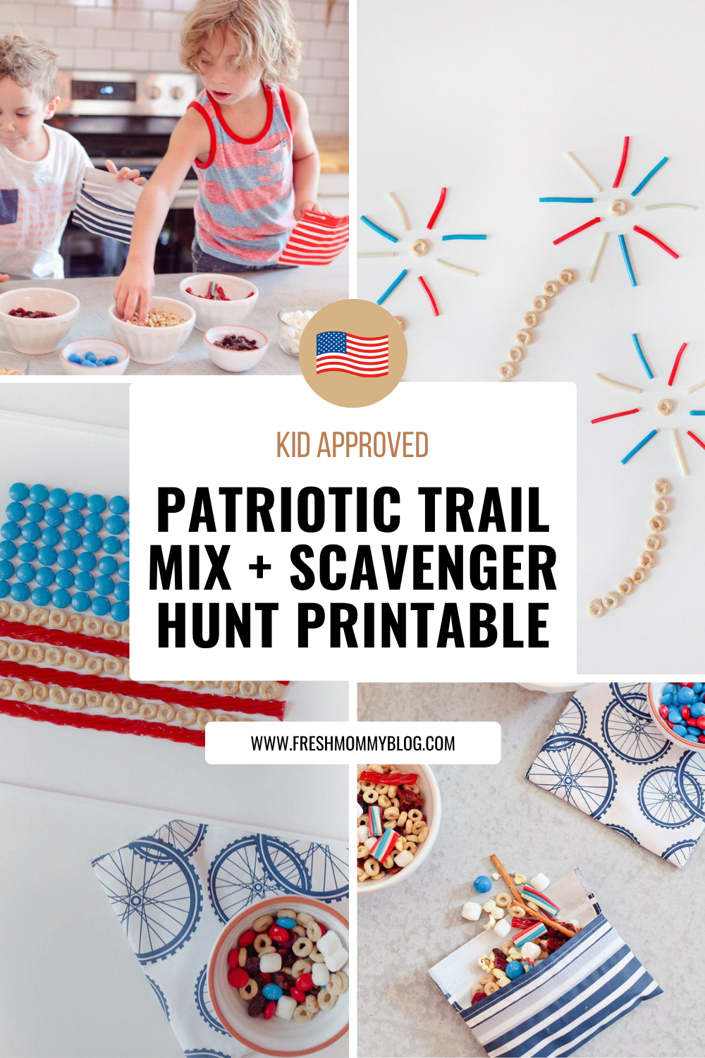 Kid-Approved Patriotic Trail Mix + Free 4th of July Scavenger Hunt Printable
This patriotic trail mix station is the ultimate 4th of July activity for kids — they build their own snack bags and burn some energy too! Plus grab the free scavenger hunt printable!