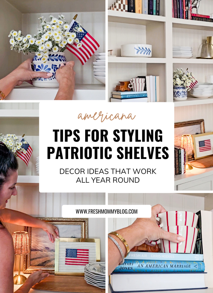 How to style your shelves with a patriotic touch - without going over the top. With shoppable links to everything :) Tips for Styling Americana Shelves - Decor Ideas that work all year round!