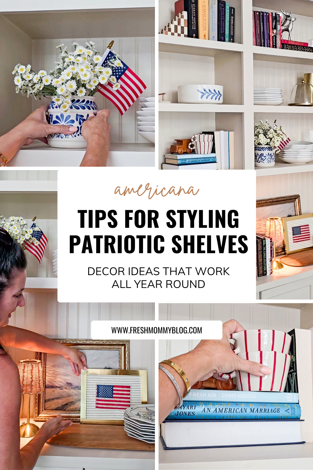 How to style your shelves with a patriotic touch - without going over the top. With shoppable links to everything :) Tips for Styling Americana Shelves - Decor Ideas that work all year round!